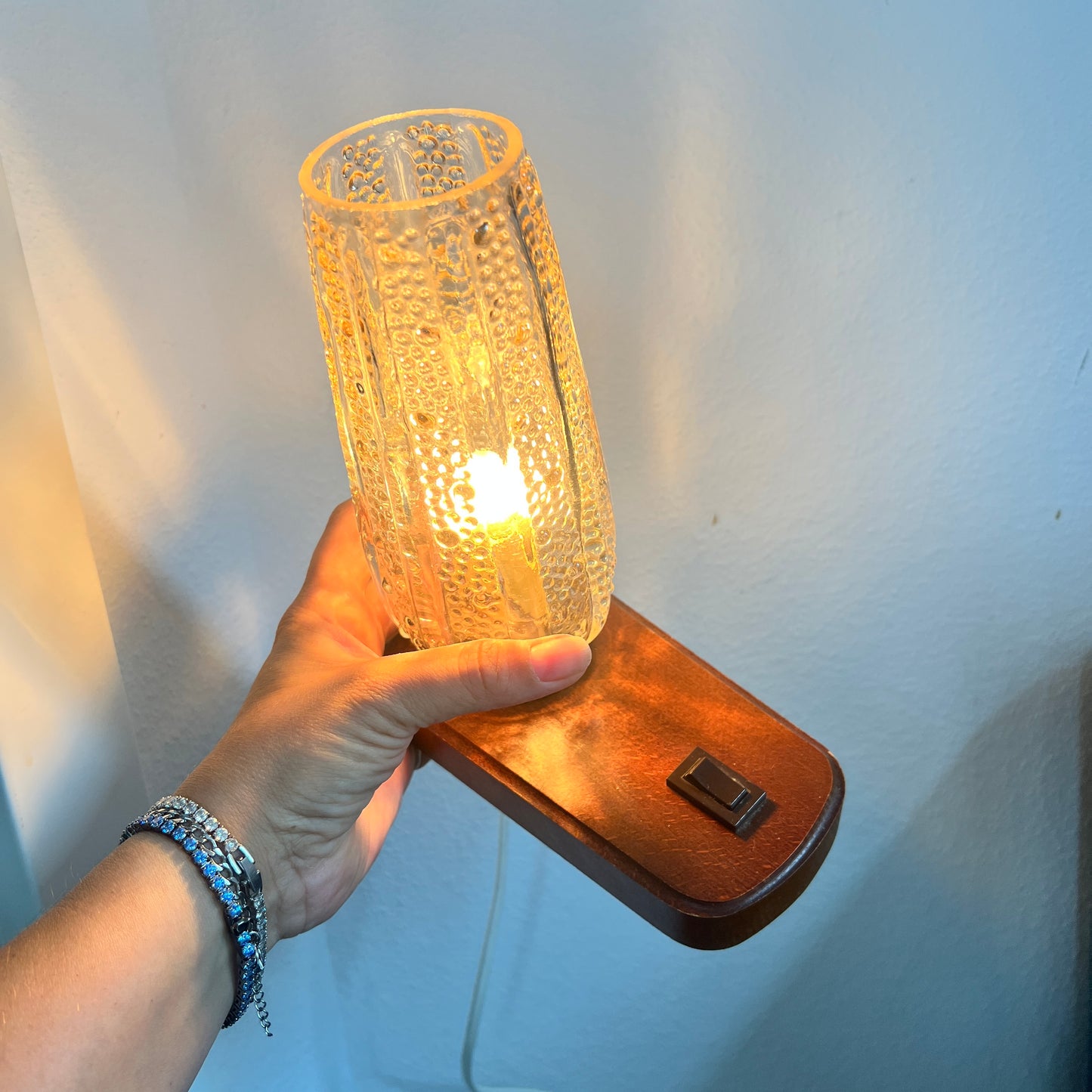 Vintage Tischleuchte Nachttischlampe Amberglass Blasenglas Strukturglas Mid Century 70er 60er Jahre braun