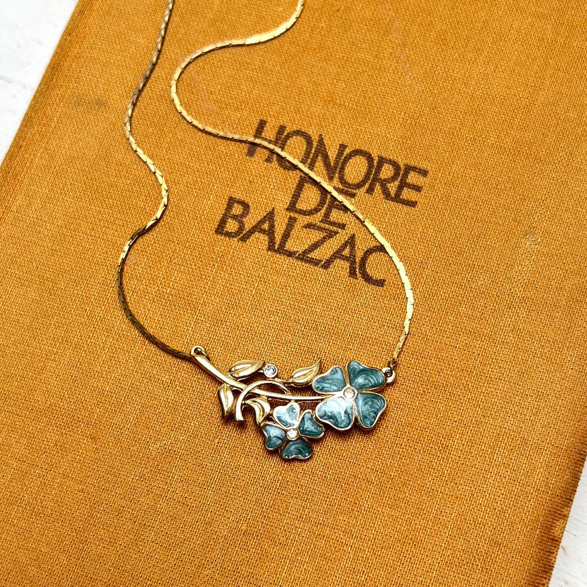 Vintage Vergissmeinnicht Kette Blau Emaille Brautschmuck „Something Blue“ 1980er Designer Schmuck Gold Jugendstil Revival Blumen-Collier