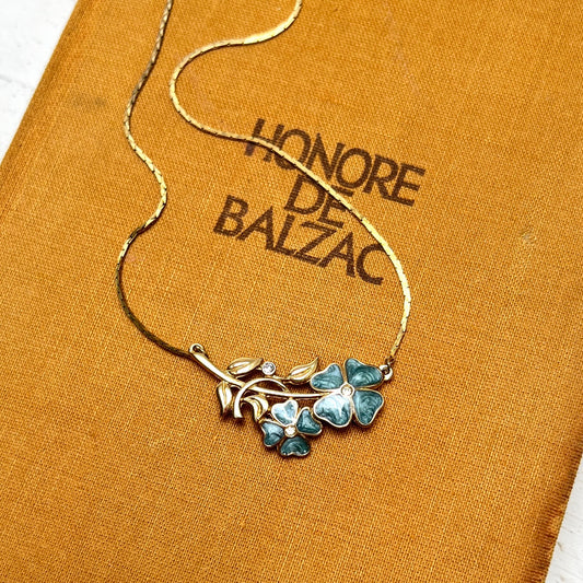 Vintage Vergissmeinnicht Kette Blau Emaille Brautschmuck „Something Blue“ 1980er Designer Schmuck Gold Jugendstil Revival Blumen-Collier