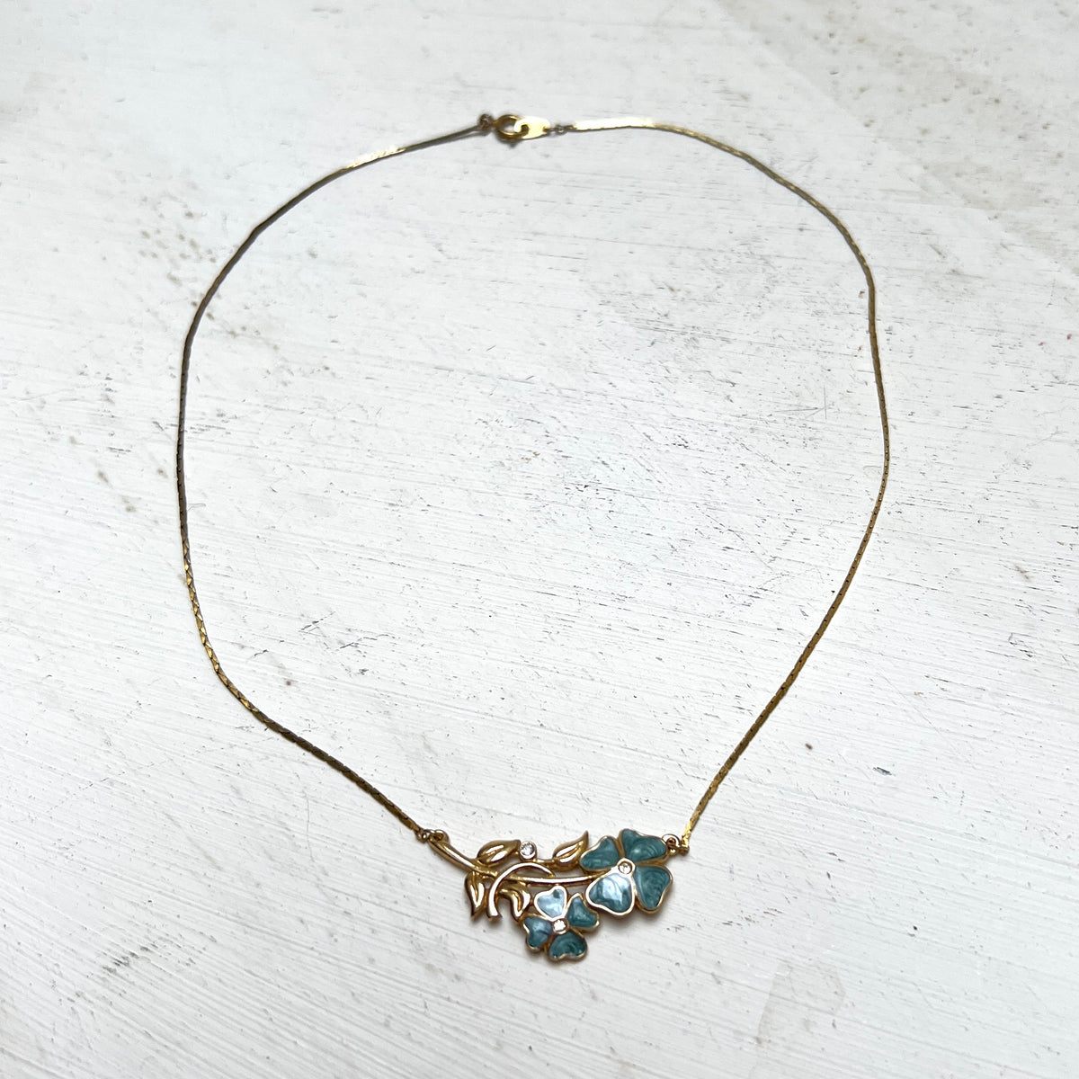 Vintage Vergissmeinnicht Kette Blau Emaille Brautschmuck „Something Blue“ 1980er Designer Schmuck Gold Jugendstil Revival Blumen-Collier