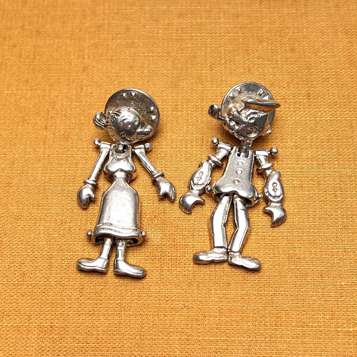 Vintage Ballou Reg'd Pin Set Popeye und Olivia silber beweglich Comic Memorabilia