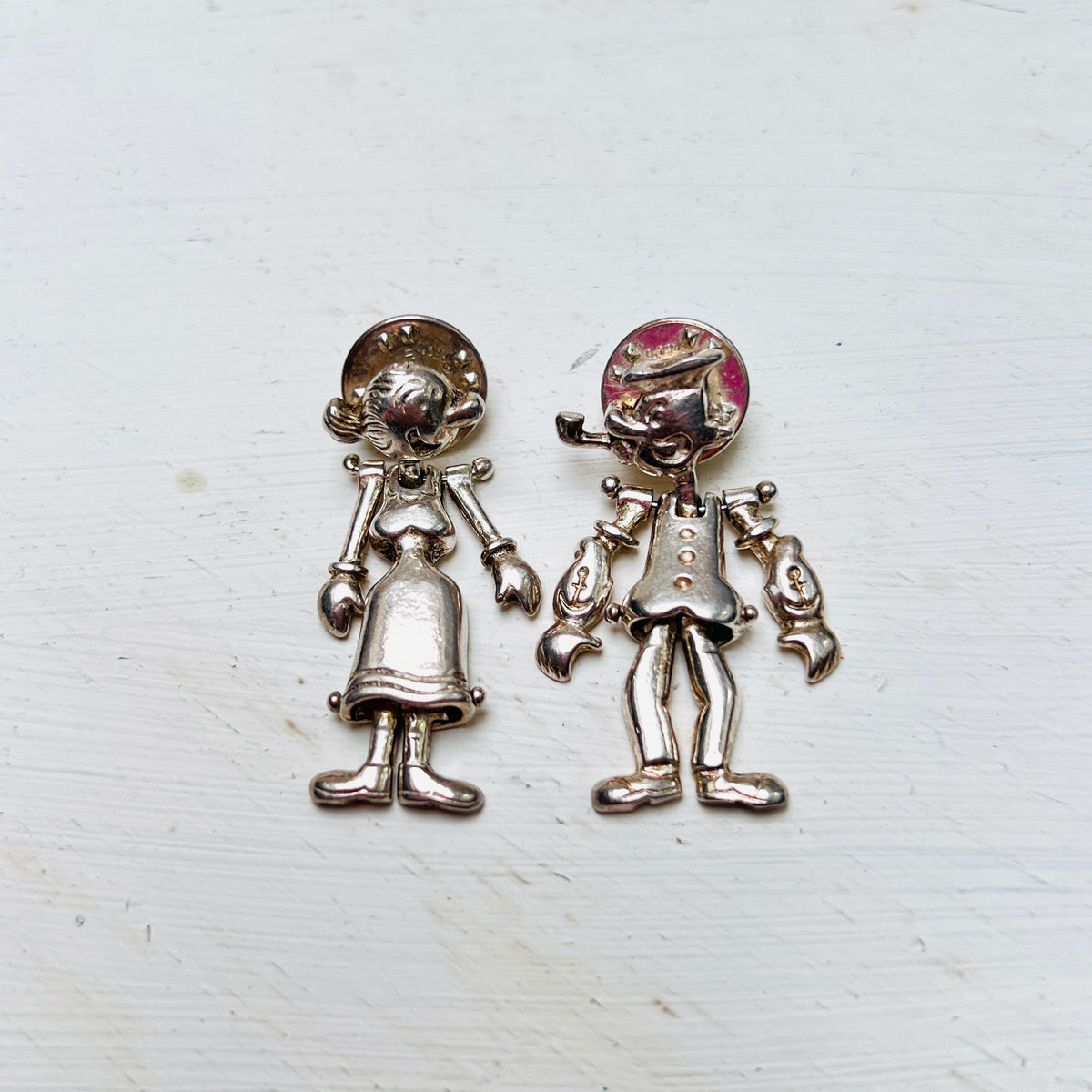 Vintage Ballou Reg'd Pin Set Popeye und Olivia silber beweglich Comic Memorabilia