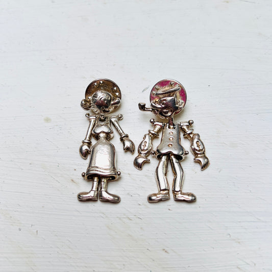 Vintage Ballou Reg'd Pin Set Popeye und Olivia silber beweglich Comic Memorabilia