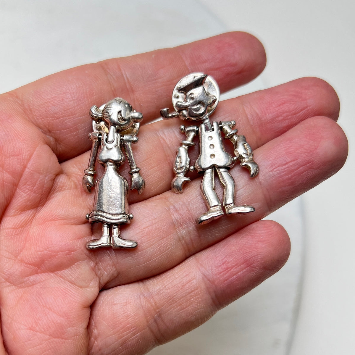 Vintage Ballou Reg'd Pin Set Popeye und Olivia silber beweglich Comic Memorabilia