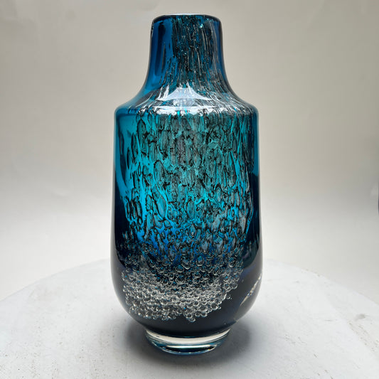 Vintage Schott Zwiesel Glasvase „Florida“ Space Age Löffelhardt 70er Blau Bubbles XXL 26cm