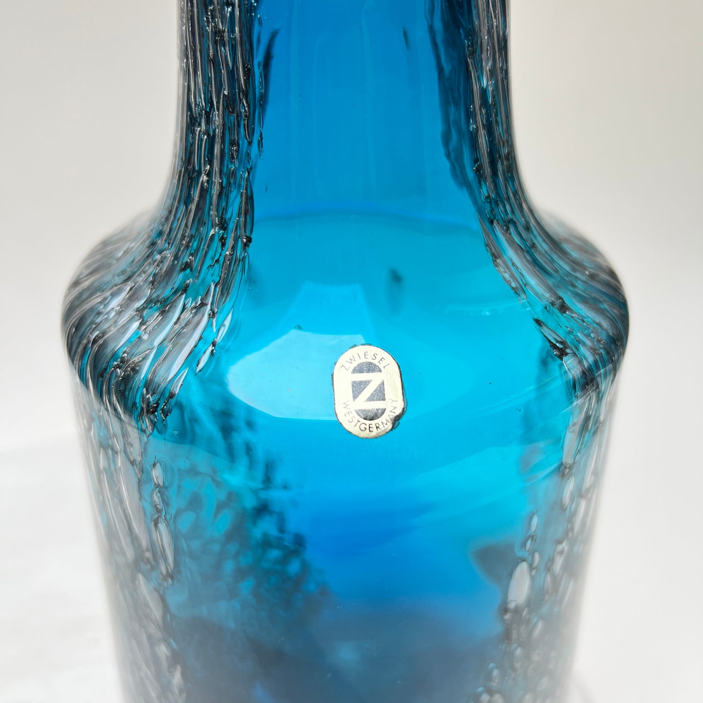 Vintage Schott Zwiesel Glasvase „Florida“ Space Age Löffelhardt 70er Blau Bubbles XXL 26cm