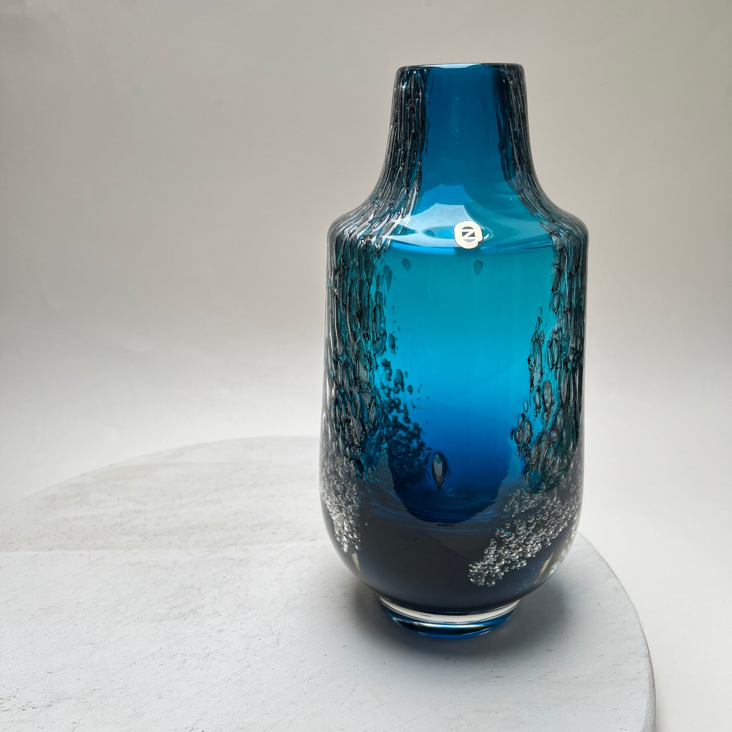 Vintage Schott Zwiesel Glasvase „Florida“ Space Age Löffelhardt 70er Blau Bubbles XXL 26cm