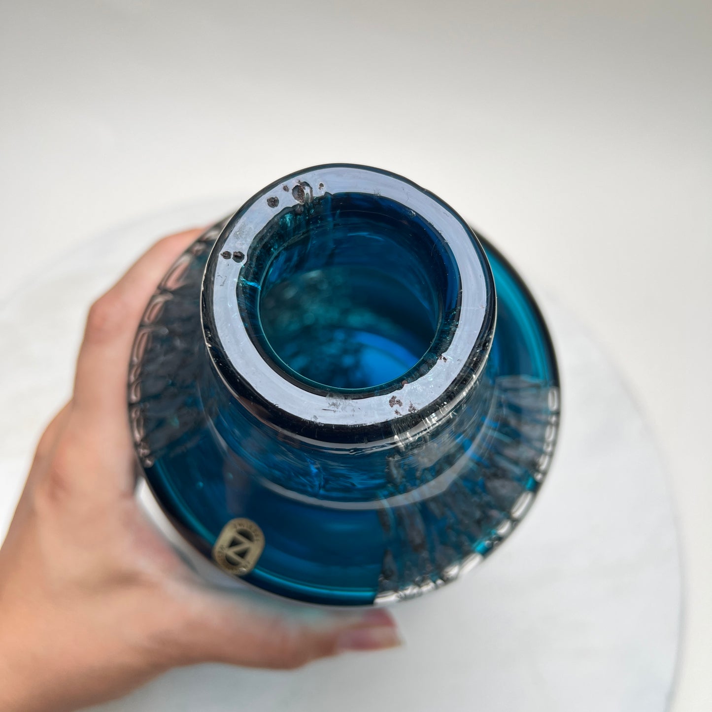 Vintage Schott Zwiesel Glasvase „Florida“ Space Age Löffelhardt 70er Blau Bubbles XXL 26cm