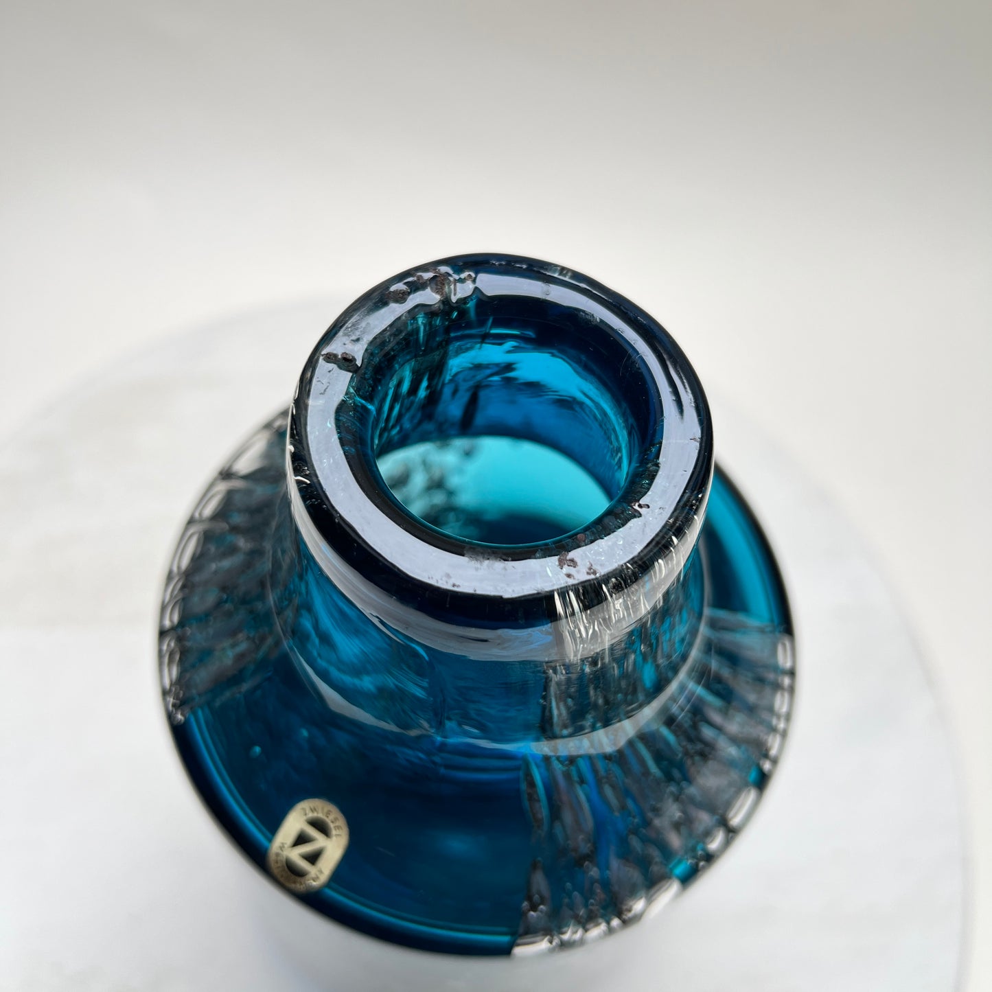 Vintage Schott Zwiesel Glasvase „Florida“ Space Age Löffelhardt 70er Blau Bubbles XXL 26cm