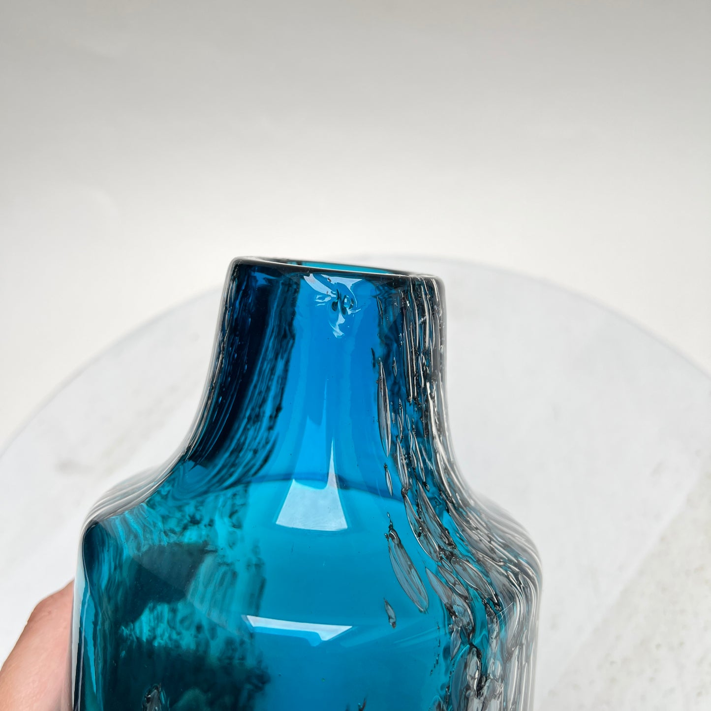 Vintage Schott Zwiesel Glasvase „Florida“ Space Age Löffelhardt 70er Blau Bubbles XXL 26cm