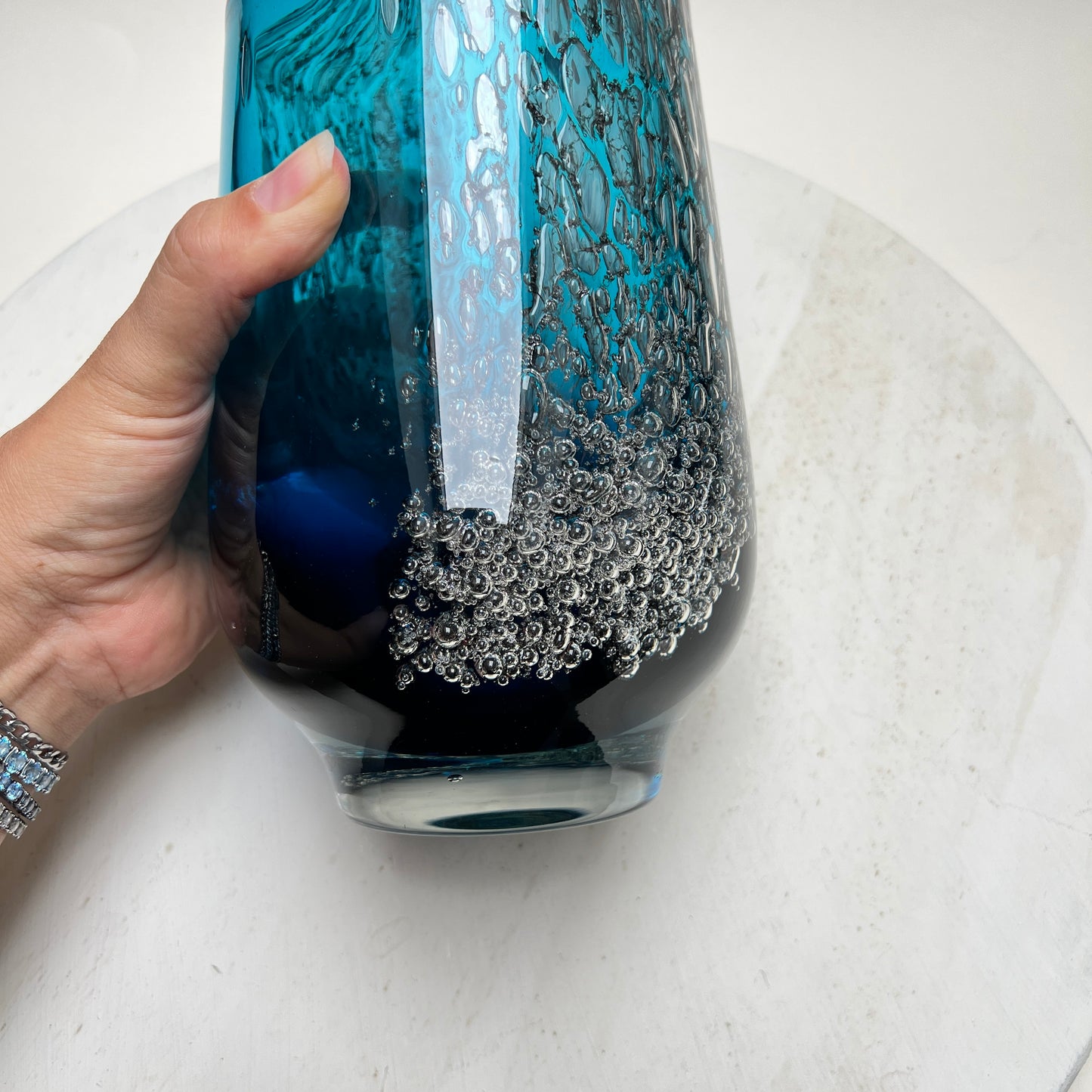 Vintage Schott Zwiesel Glasvase „Florida“ Space Age Löffelhardt 70er Blau Bubbles XXL 26cm