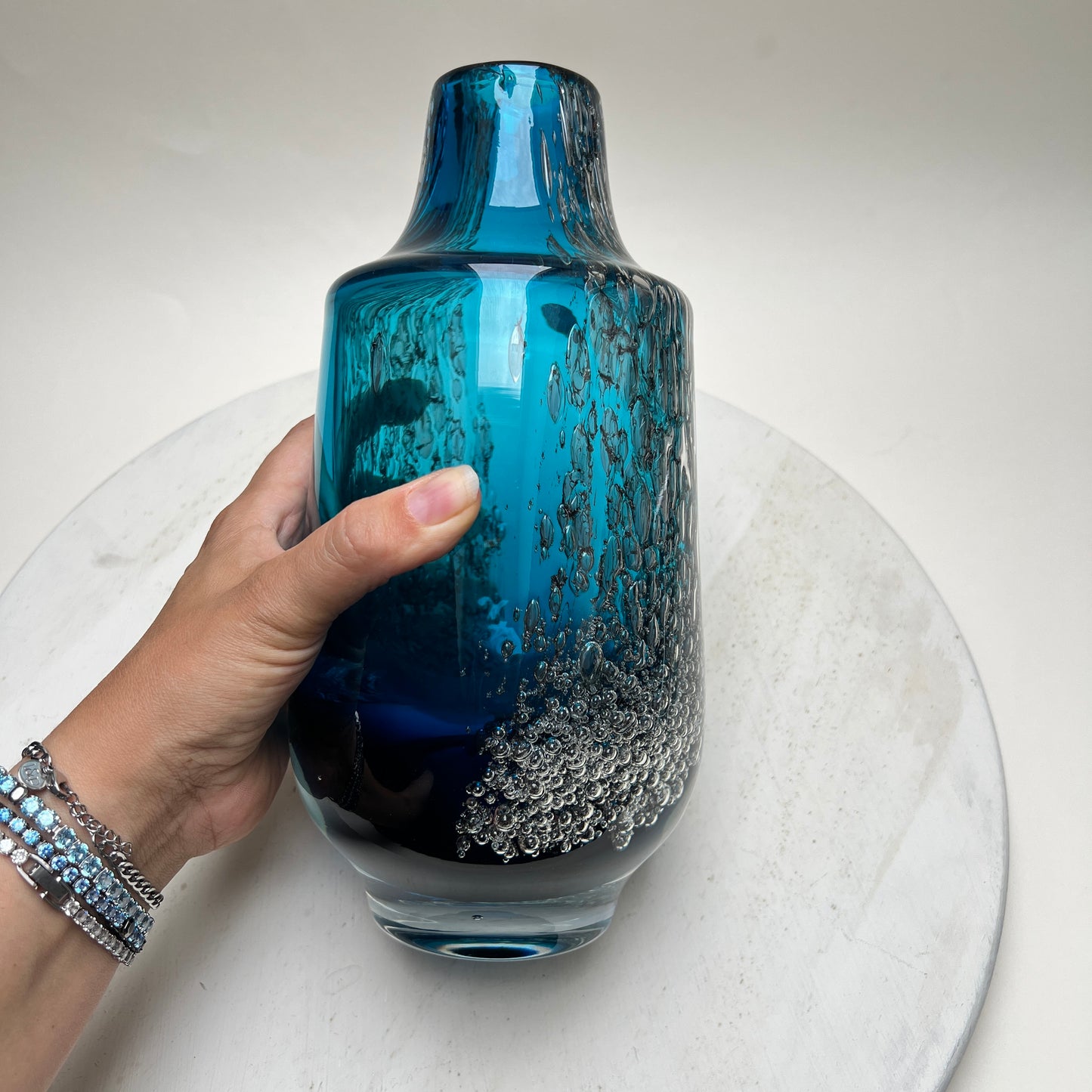 Vintage Schott Zwiesel Glasvase „Florida“ Space Age Löffelhardt 70er Blau Bubbles XXL 26cm