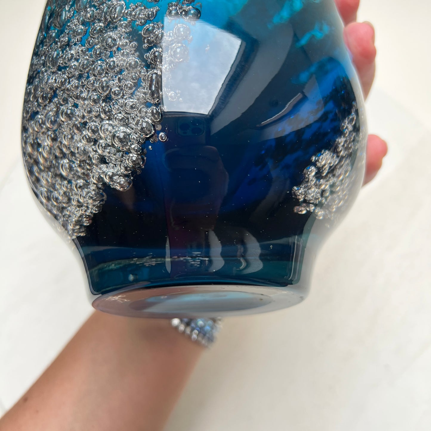 Vintage Schott Zwiesel Glasvase „Florida“ Space Age Löffelhardt 70er Blau Bubbles XXL 26cm