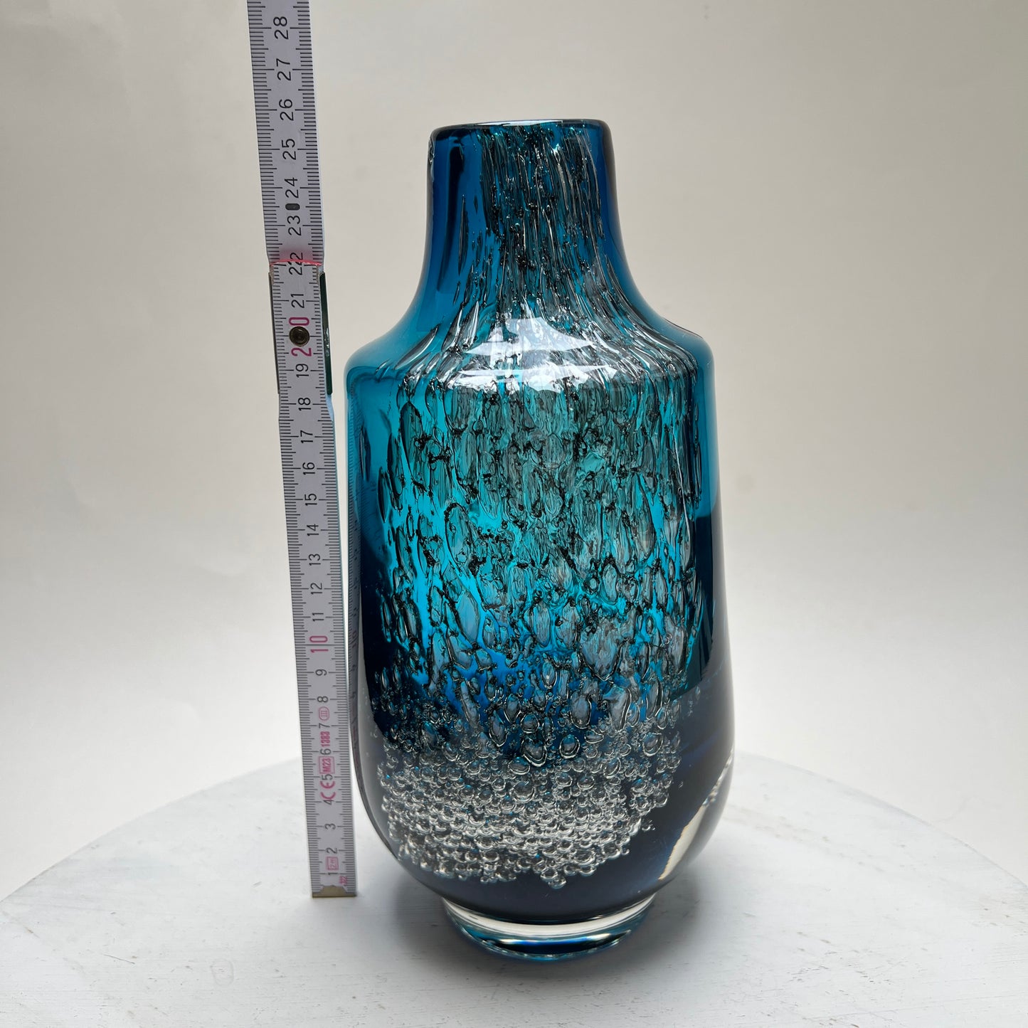 Vintage Schott Zwiesel Glasvase „Florida“ Space Age Löffelhardt 70er Blau Bubbles XXL 26cm