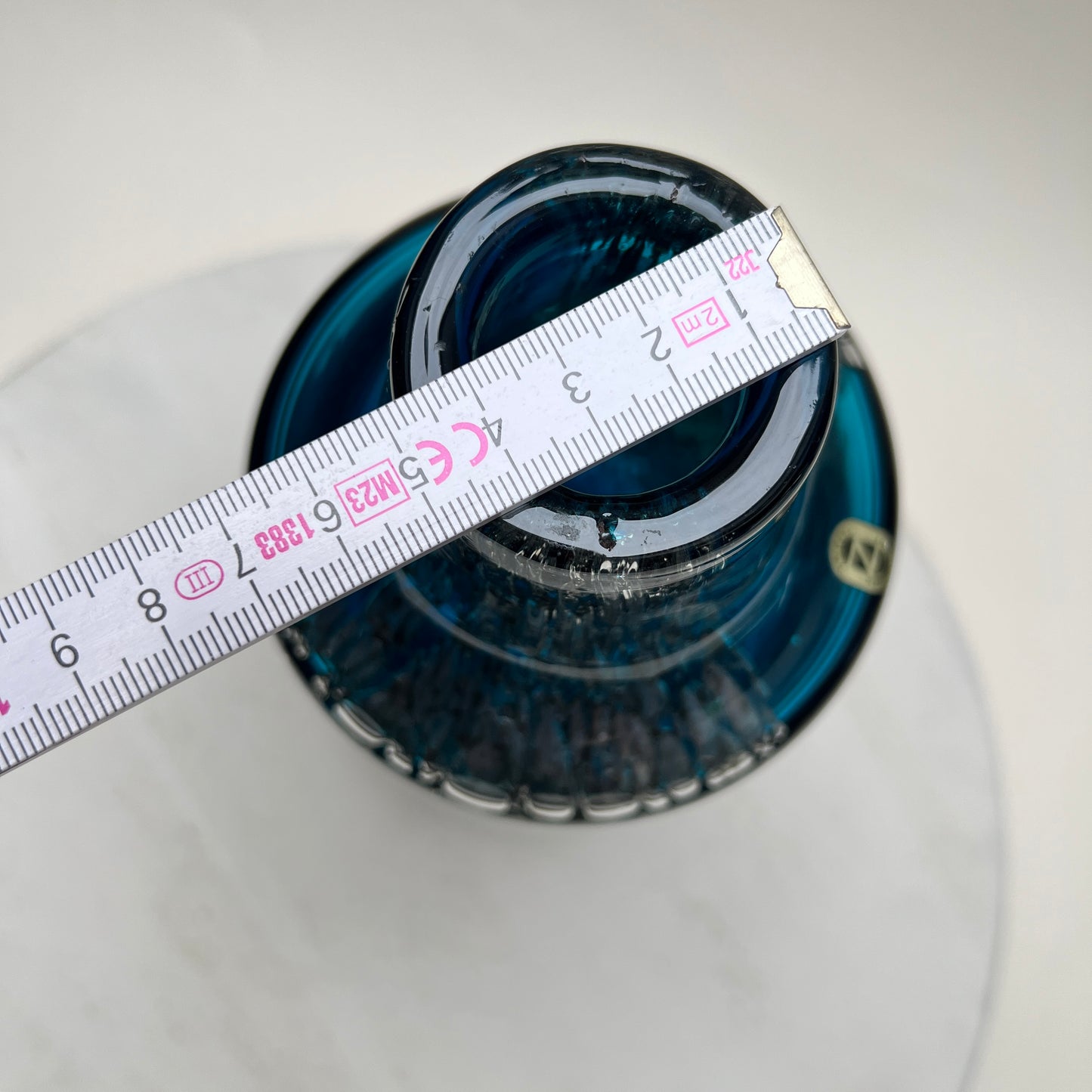 Vintage Schott Zwiesel Glasvase „Florida“ Space Age Löffelhardt 70er Blau Bubbles XXL 26cm