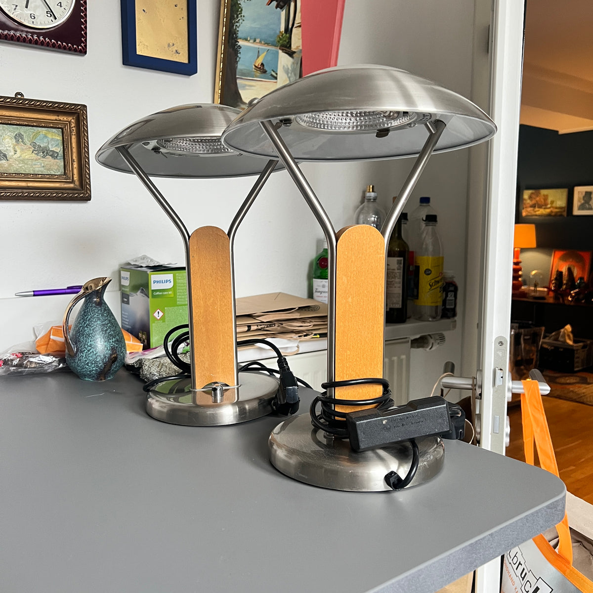 Vintage Trio Tischleuchte dimmbar Pilzlampe Tischlampe Chrom 90er