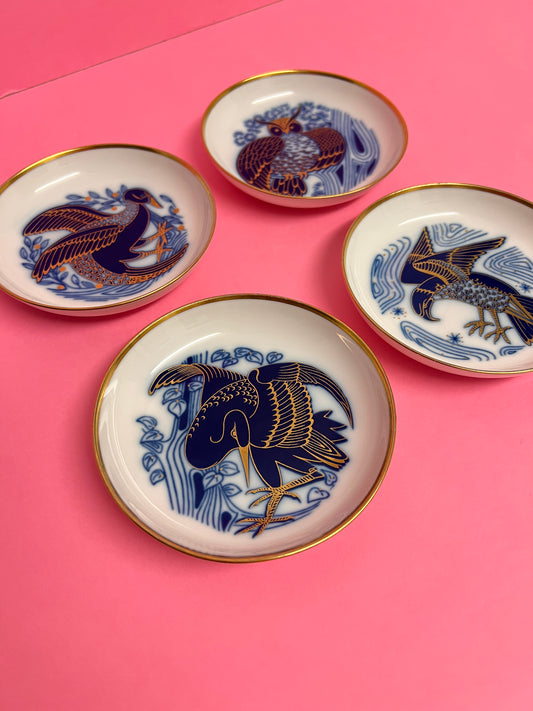 4x Fürstenberg Schälchen Schalen Adler Eule Vogel Drache 02717 mid century Konfektschalen Blau Gold Dekor Goldrand