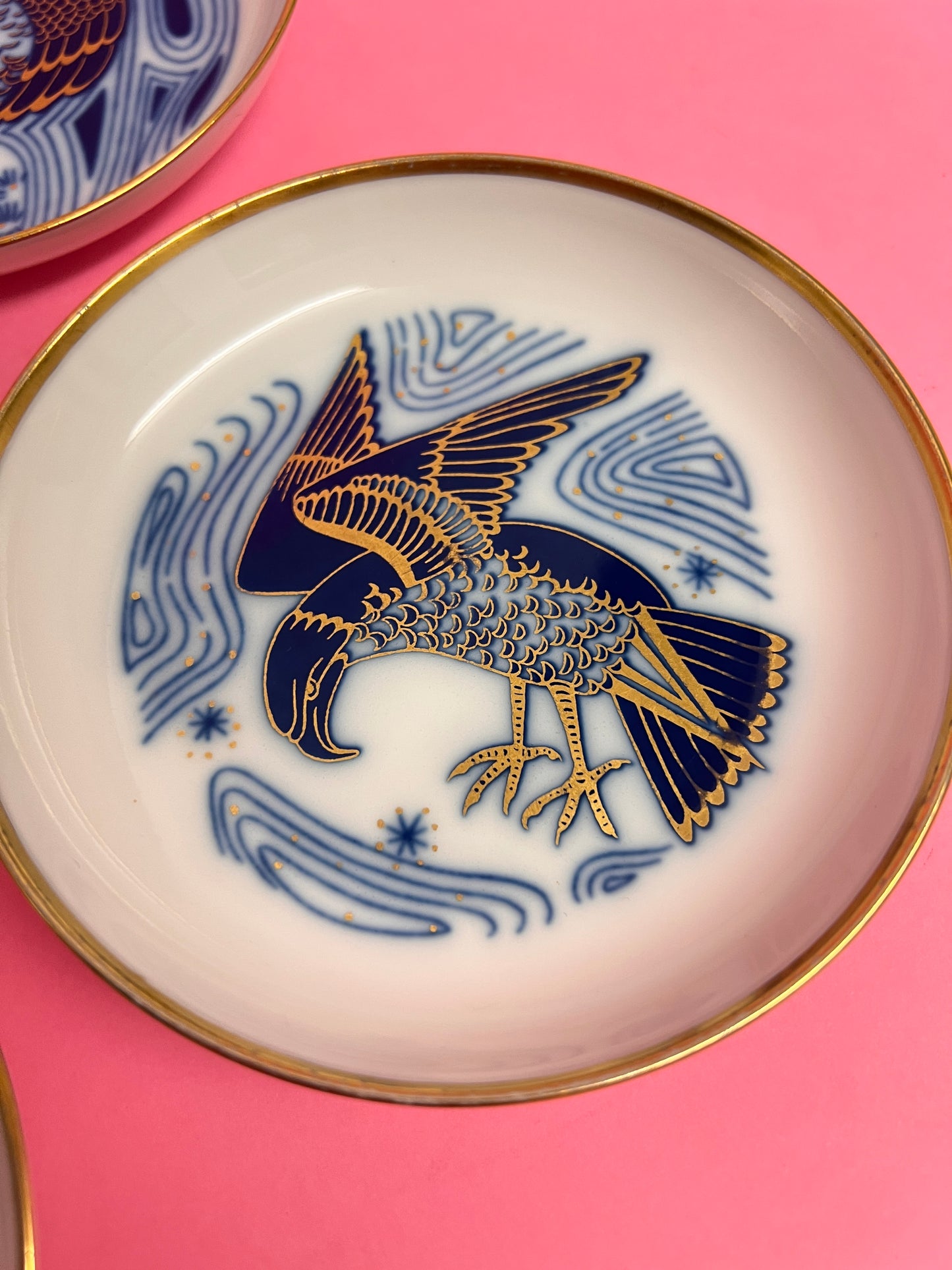 4x Fürstenberg Schälchen Schalen Adler Eule Vogel Drache 02717 mid century Konfektschalen Blau Gold Dekor Goldrand