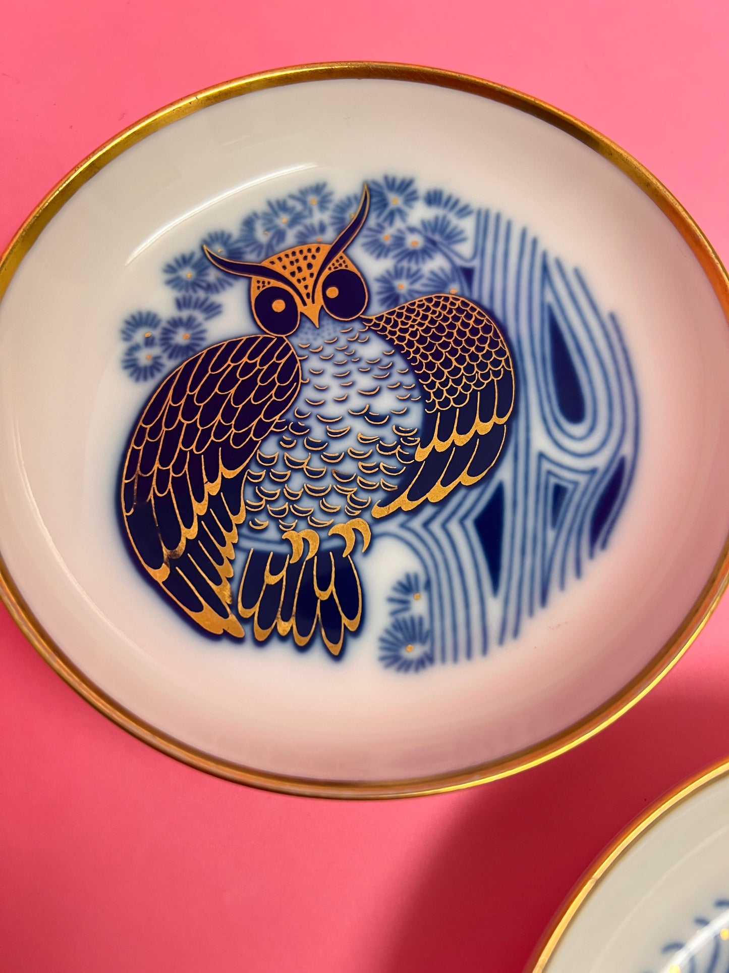 4x Fürstenberg Schälchen Schalen Adler Eule Vogel Drache 02717 mid century Konfektschalen Blau Gold Dekor Goldrand