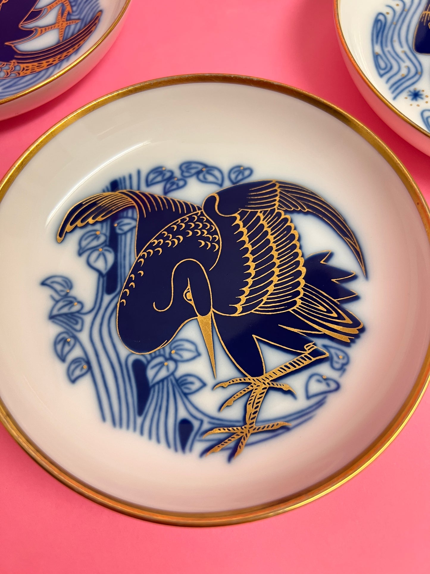 4x Fürstenberg Schälchen Schalen Adler Eule Vogel Drache 02717 mid century Konfektschalen Blau Gold Dekor Goldrand