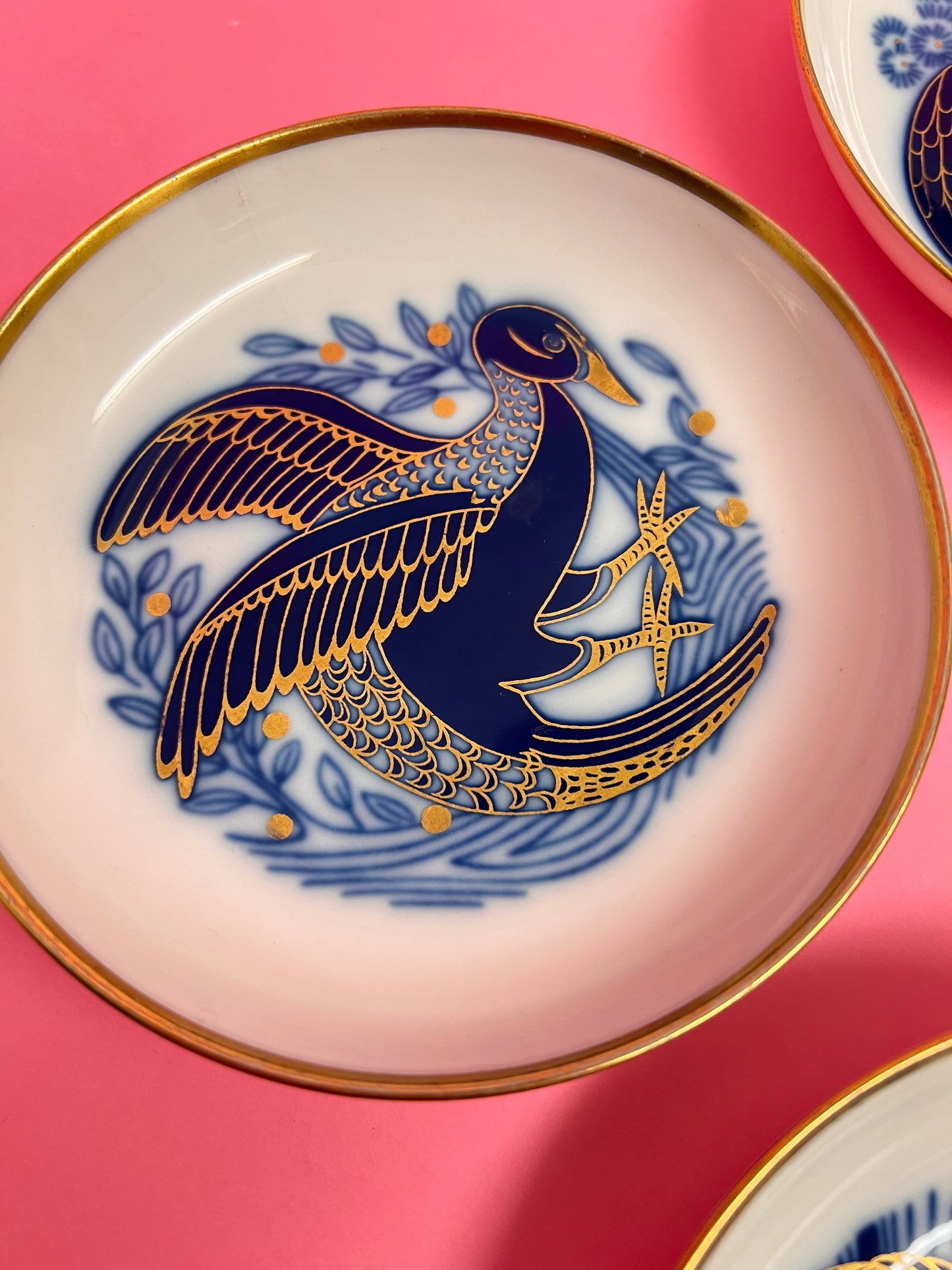 4x Fürstenberg Schälchen Schalen Adler Eule Vogel Drache 02717 mid century Konfektschalen Blau Gold Dekor Goldrand