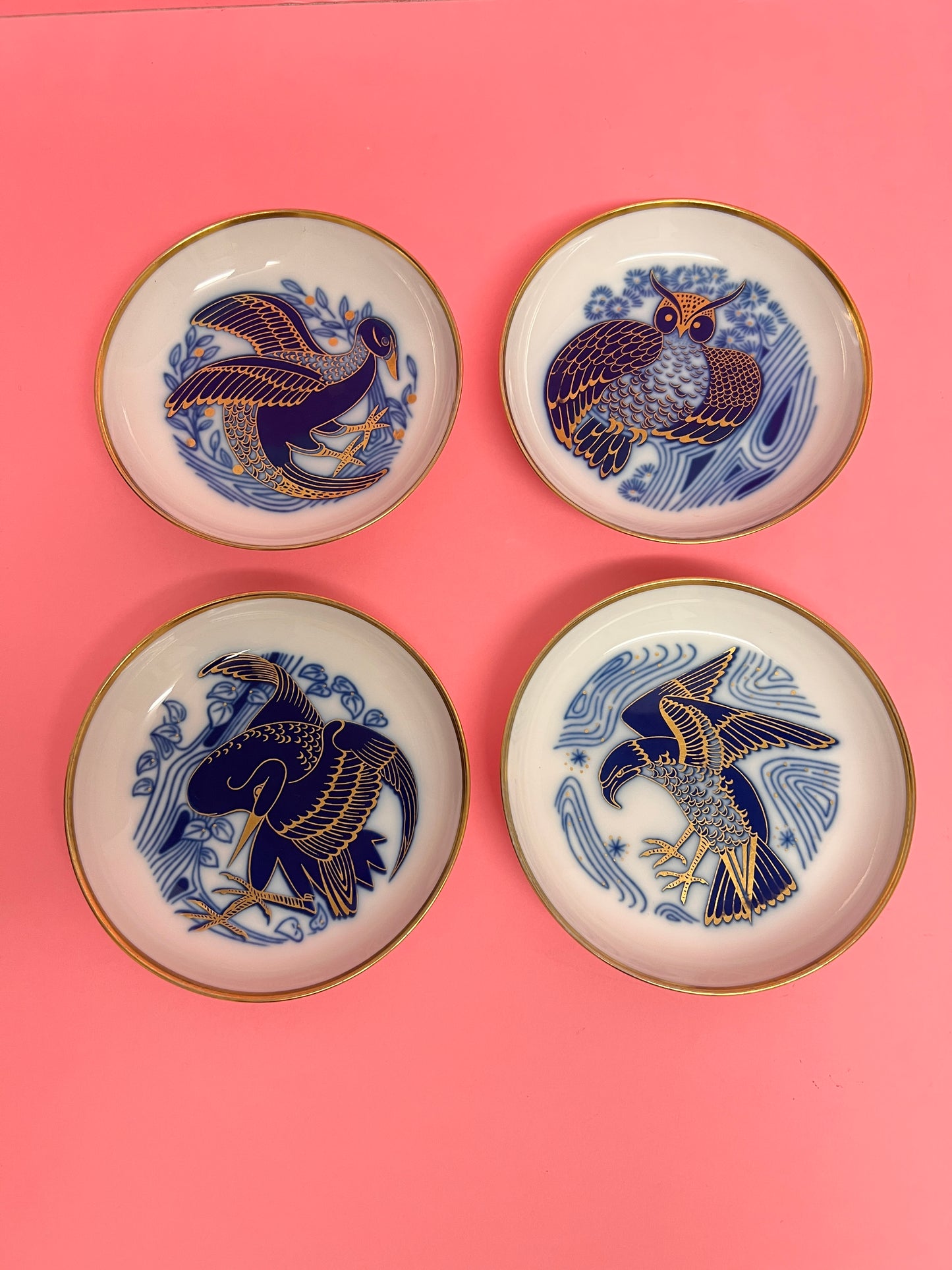 4x Fürstenberg Schälchen Schalen Adler Eule Vogel Drache 02717 mid century Konfektschalen Blau Gold Dekor Goldrand