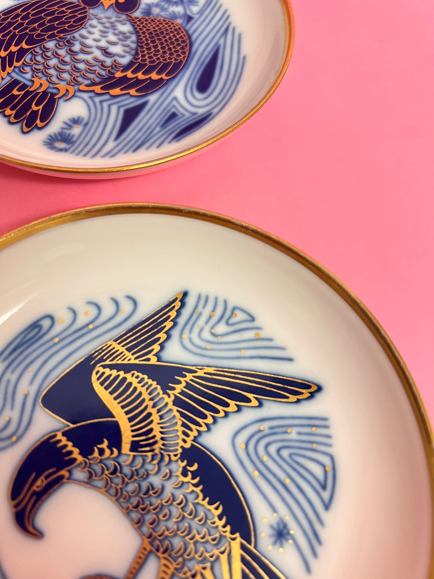 4x Fürstenberg Schälchen Schalen Adler Eule Vogel Drache 02717 mid century Konfektschalen Blau Gold Dekor Goldrand