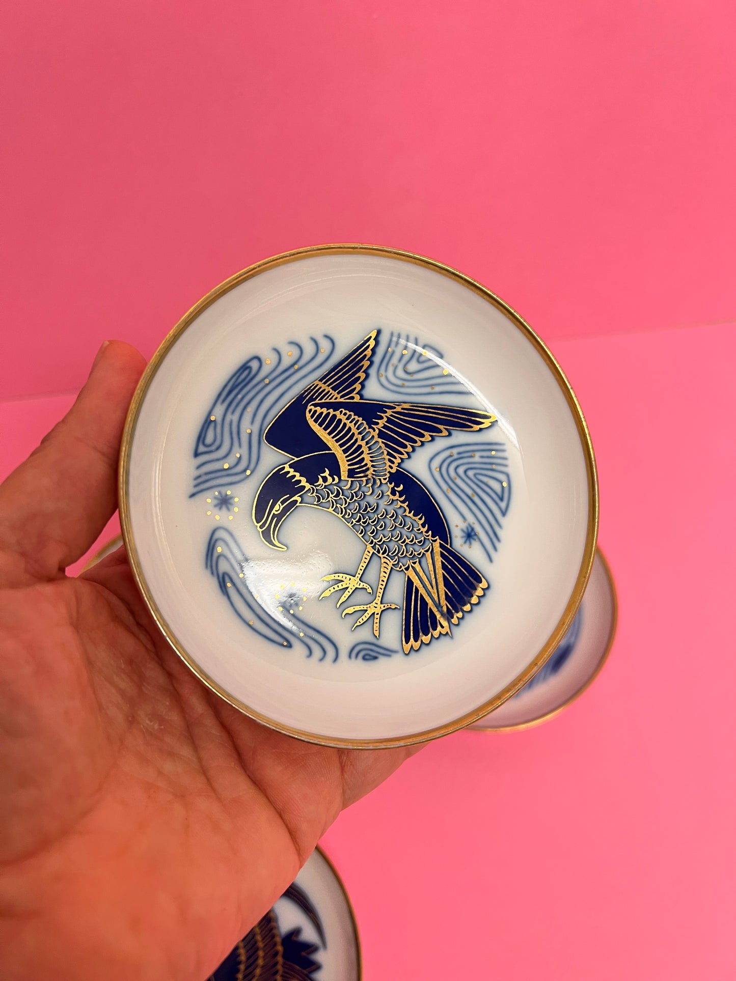 4x Fürstenberg Schälchen Schalen Adler Eule Vogel Drache 02717 mid century Konfektschalen Blau Gold Dekor Goldrand