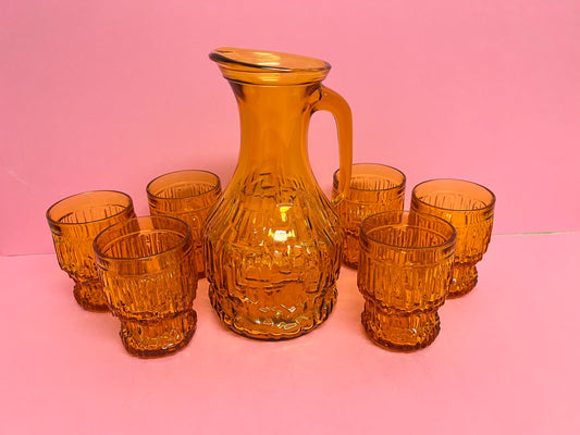 Italienisches Set Vintage 70er Amber Glas Karaffe mit 6 Gläsern Brutalist Saftkanne Bormioli Bernsteinglas Mid Century Gläser