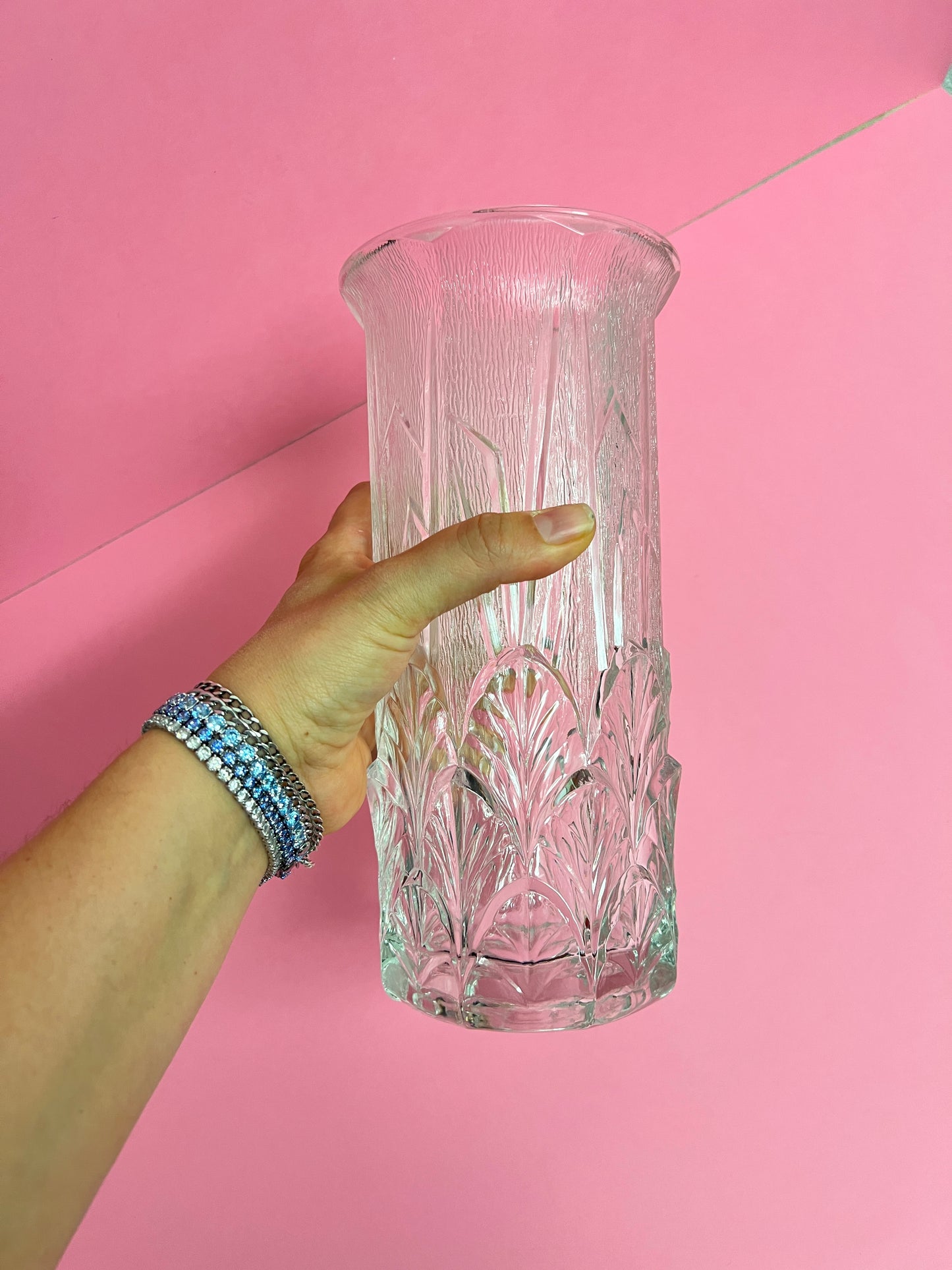 Italienische Vintage Videnza Strukturglas Blumenvase 24cm Relief 70er Retro Blätter