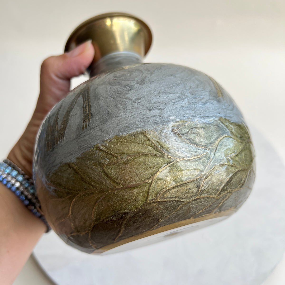 Vintage Messing Vase handgemalt Wasservögel gravierte Emaille indischer Cloisonné Stil