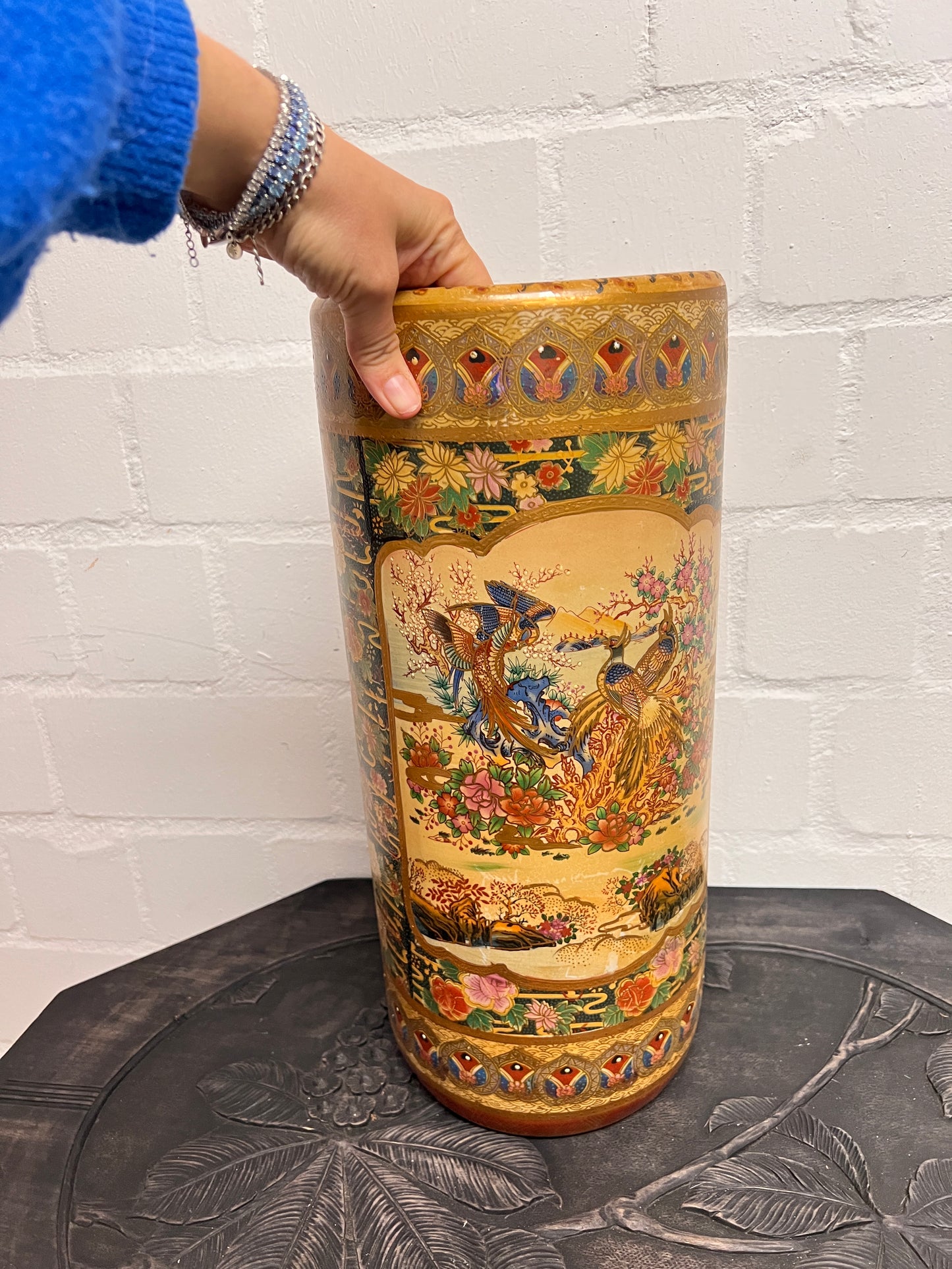 Große Vintage Satsuma Bodenvase Japan Handbemalt Pfauenmotiv Keramikvase 45 cm