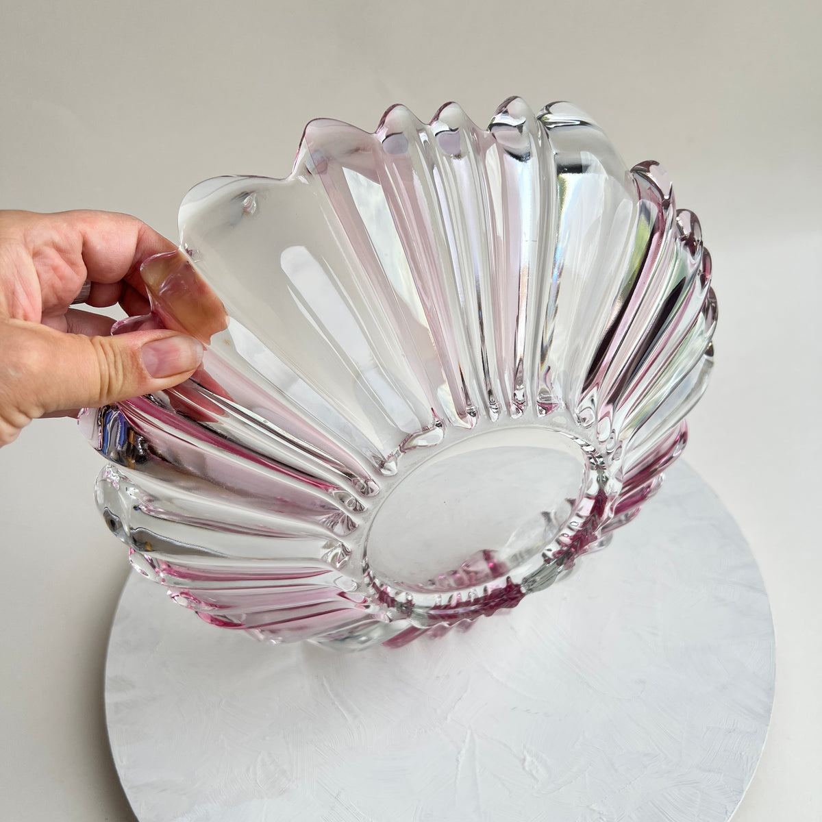 Vintage Kunstglas Obstschale Glasschale rosa böhmisch tschechisch Mid Century