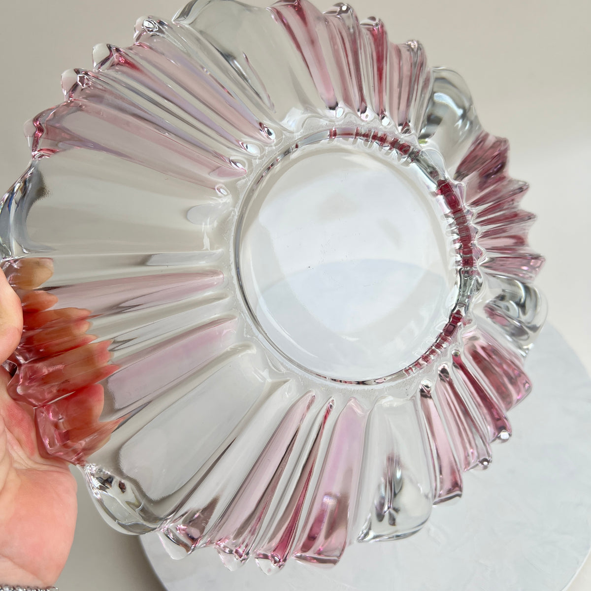 Vintage Kunstglas Obstschale Glasschale rosa böhmisch tschechisch Mid Century