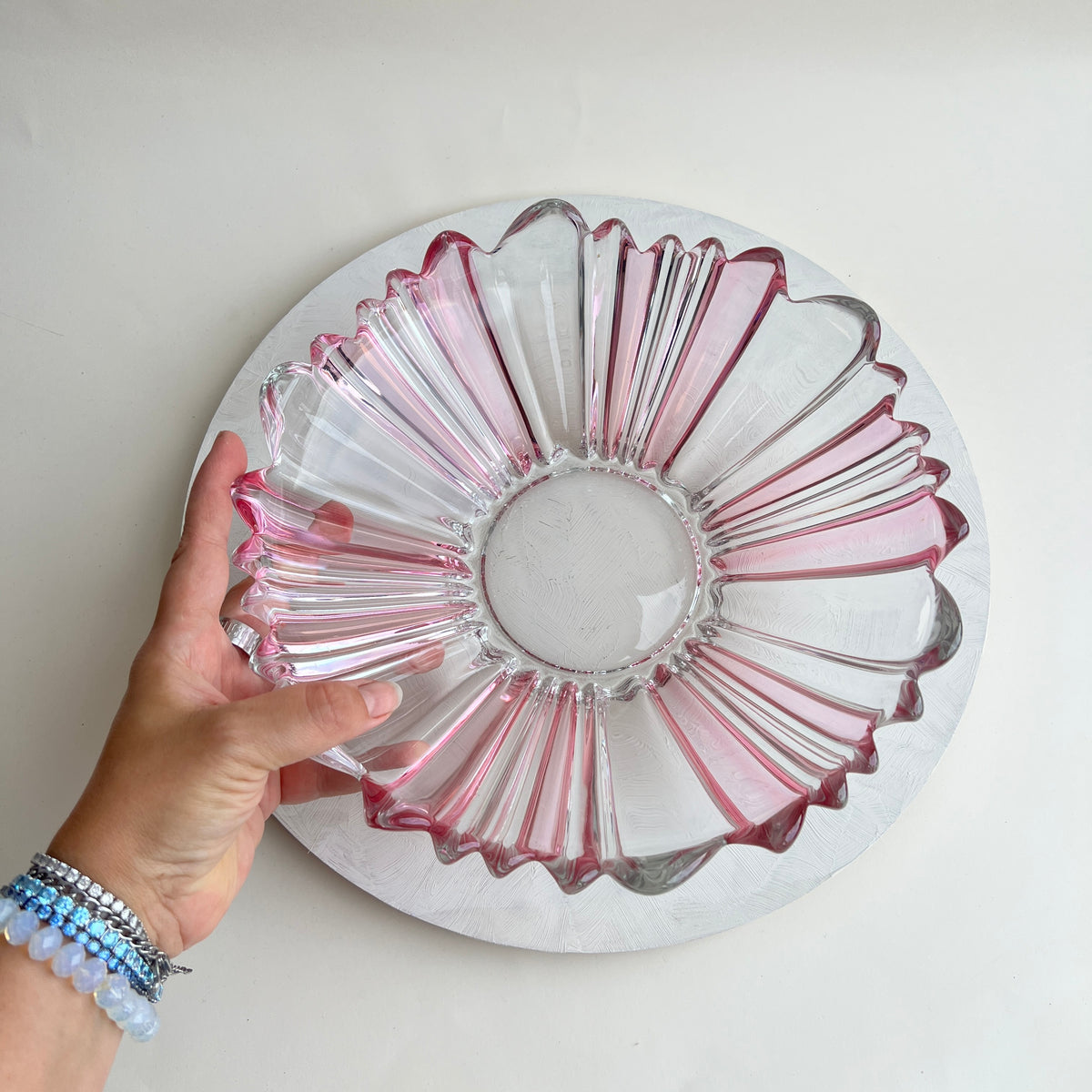 Vintage Kunstglas Obstschale Glasschale rosa böhmisch tschechisch Mid Century