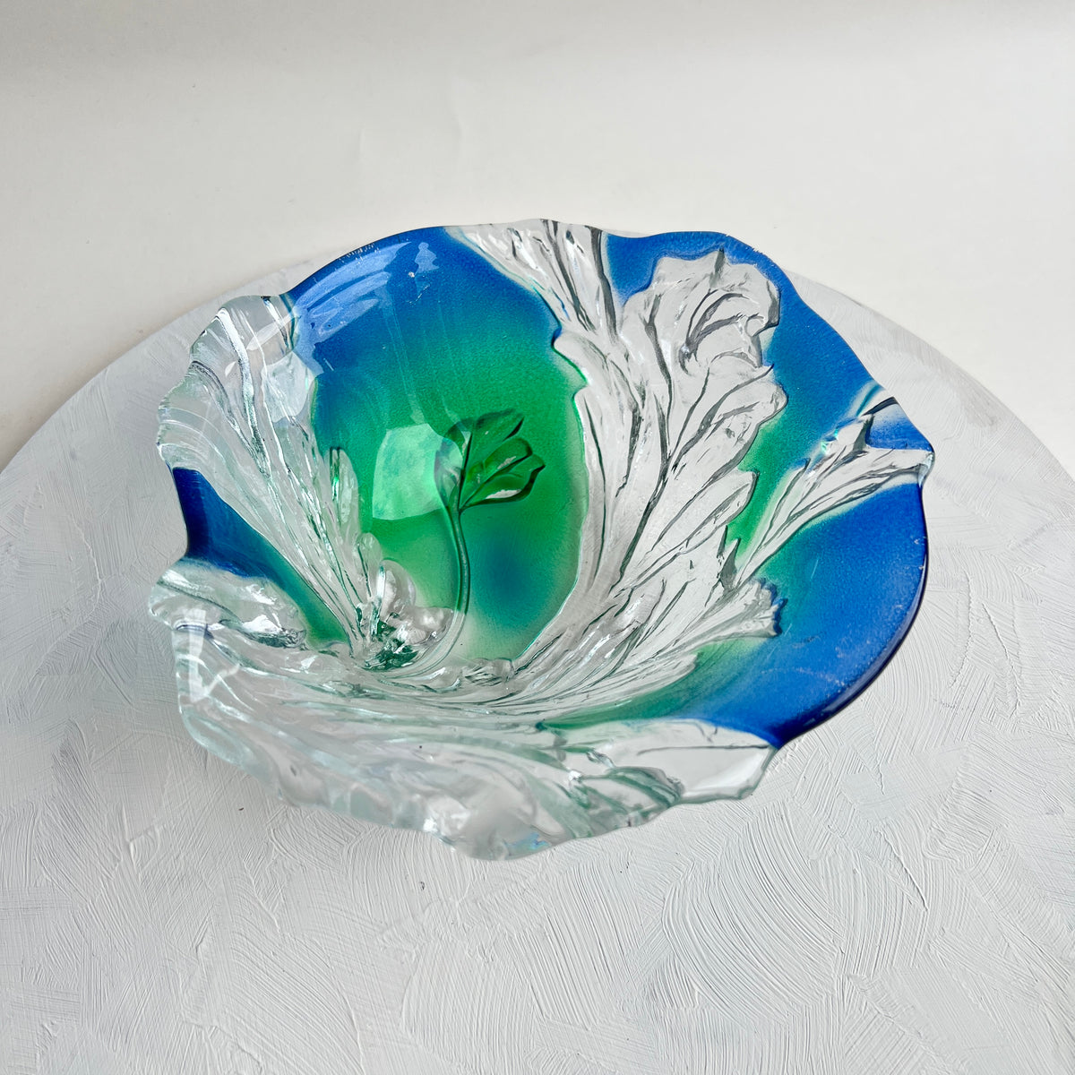 Vintage Walther-Glas Designschale Snackschale Ozeanisches Korallenrelief Blau Grün Ombre Verlauf