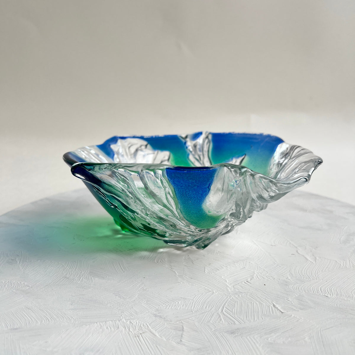 Vintage Walther-Glas Designschale Snackschale Ozeanisches Korallenrelief Blau Grün Ombre Verlauf