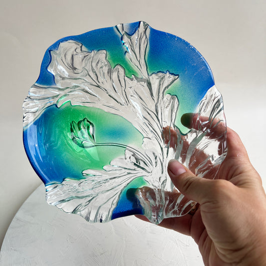 Vintage Walther-Glas Designschale Snackschale Ozeanisches Korallenrelief Blau Grün Ombre Verlauf