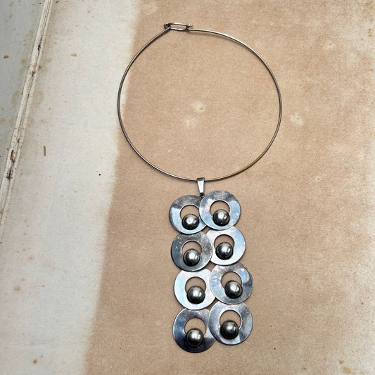 Vintage Space Age Halsreif mit Modular-Anhänger Op-Art Modernist Silber Kette