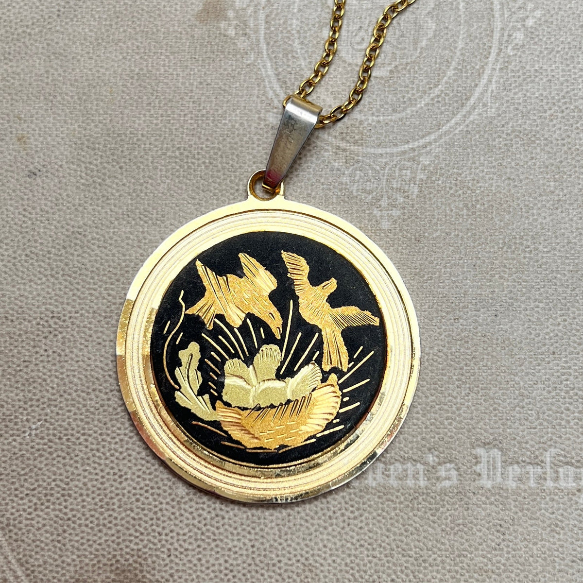 Vintage Damaszener 24k vergoldet Toledo Kette rund mit Vogelnest schwarz gold