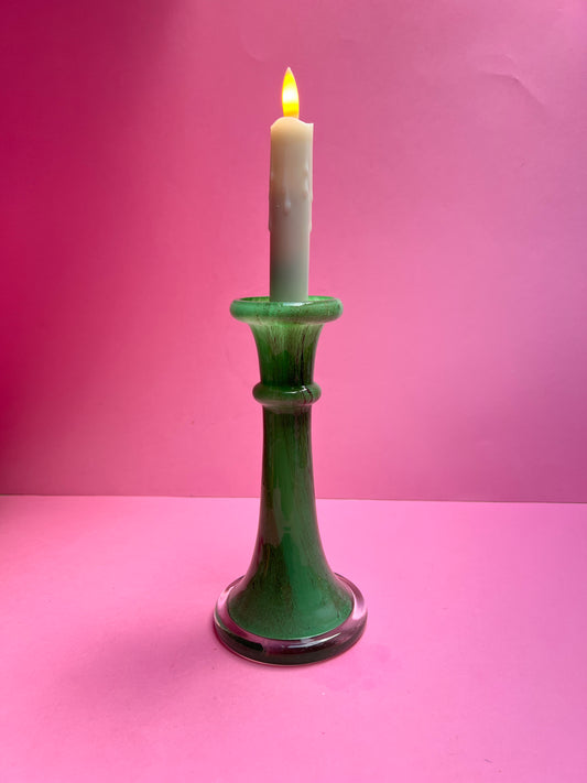 Grüner 70er Vintage Blumenvase schmale lange Vase Glas Kerzenständer Retro Jade Marmor Optik für Wohnzimmer