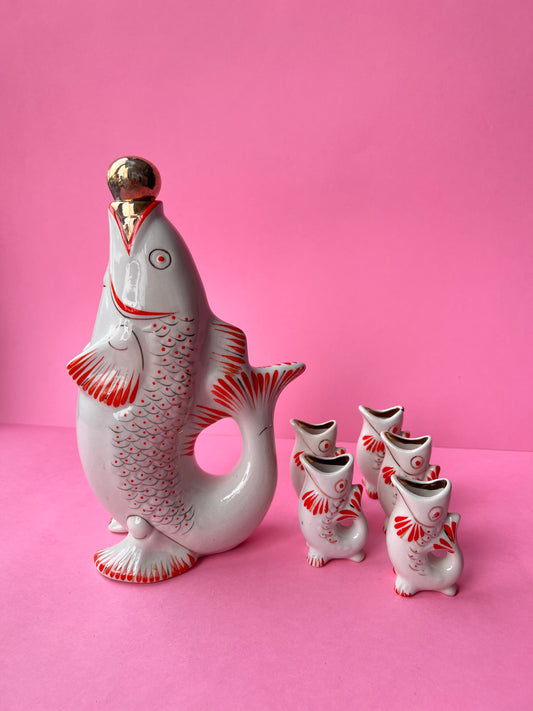 Vintage UdSSR Fisch Trinkservice Schnapsgläser Wein Dekanter Rybka - Kurios Küche Barware Sowjet Russisch