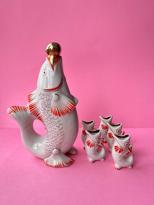 Vintage UdSSR Fisch Trinkservice Schnapsgläser Wein Dekanter Rybka - Kurios Küche Barware Sowjet Russisch