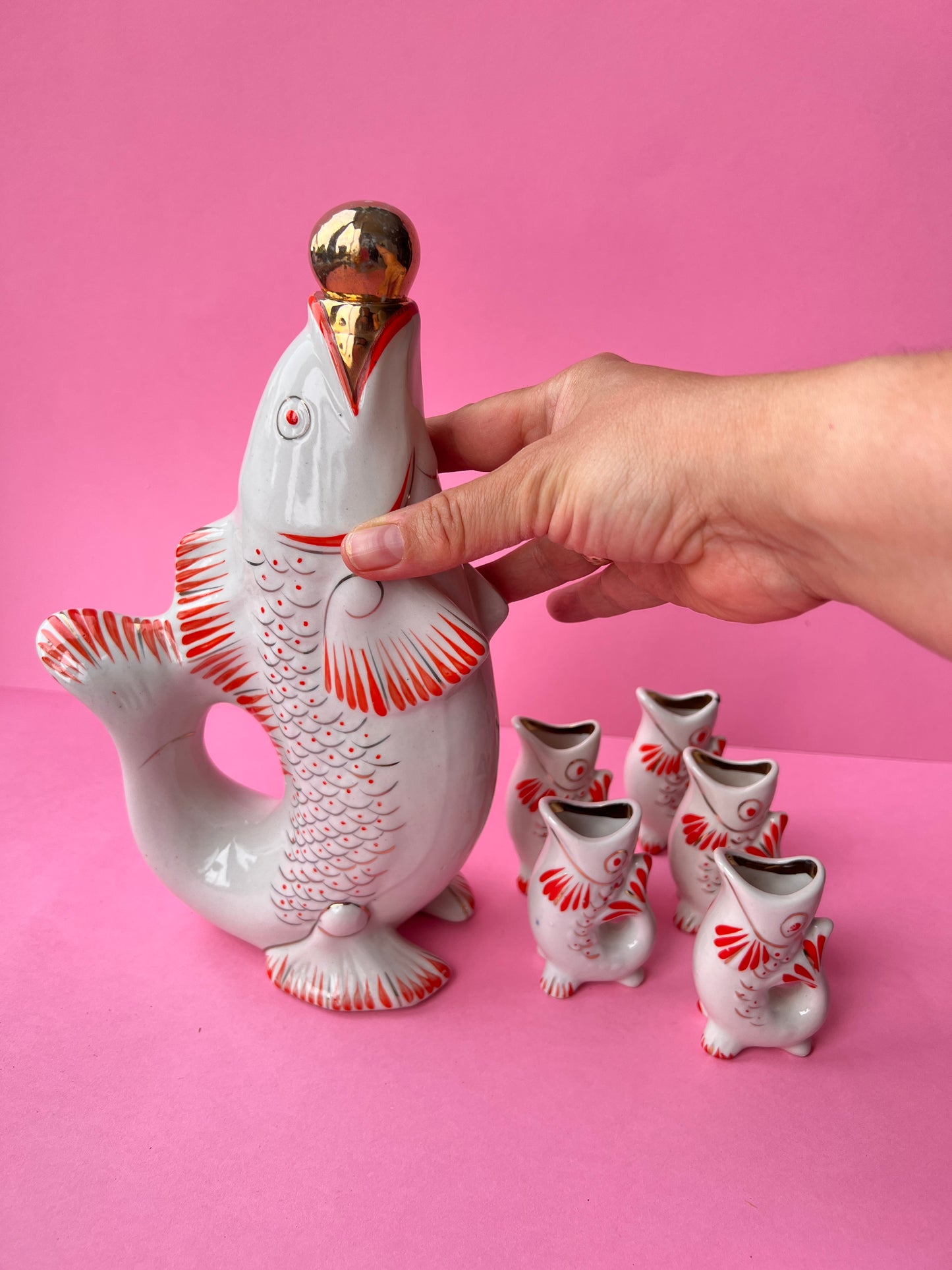 Vintage UdSSR Fisch Trinkservice Schnapsgläser Wein Dekanter Rybka - Kurios Küche Barware Sowjet Russisch