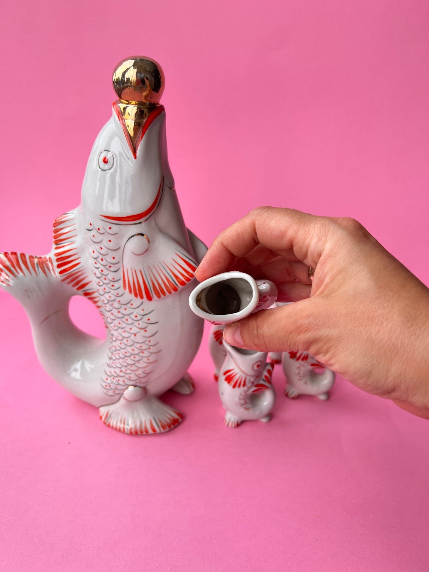 Vintage UdSSR Fisch Trinkservice Schnapsgläser Wein Dekanter Rybka - Kurios Küche Barware Sowjet Russisch