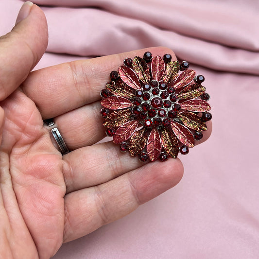 Vintage Strassstein Brosche rote Aster Blume Glitzer Emaille