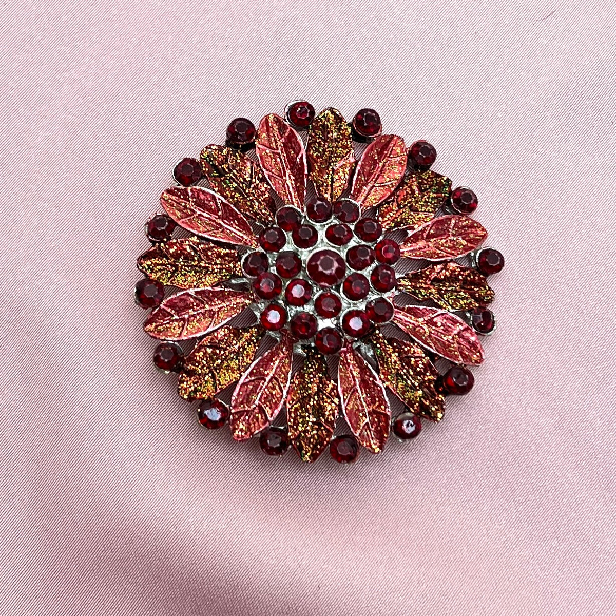 Vintage Strassstein Brosche rote Aster Blume Glitzer Emaille