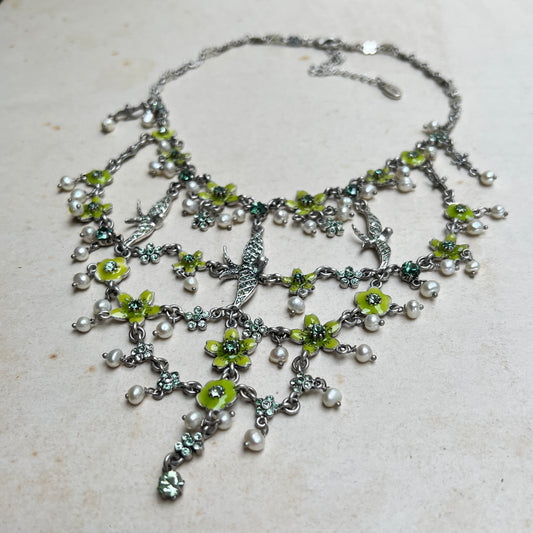 Vintage Y2K Pilgrim Schwalben und Blumen Statement Chandelier Kette Whimsical Fairycore