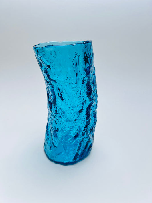 Vintage Struktur Eisglas Vase Optik Mid Century Modern Borkenglas Ingrid Whitefriars Bark Türkisblau
