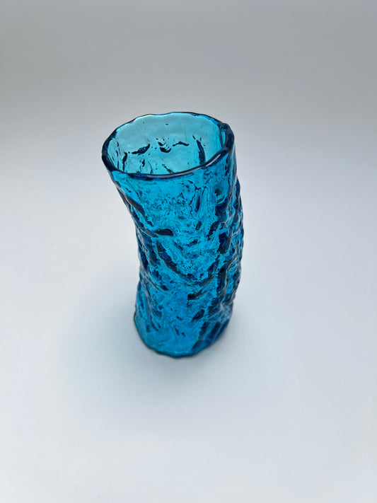 Vintage Struktur Eisglas Vase Optik Mid Century Modern Borkenglas Ingrid Whitefriars Bark Türkisblau